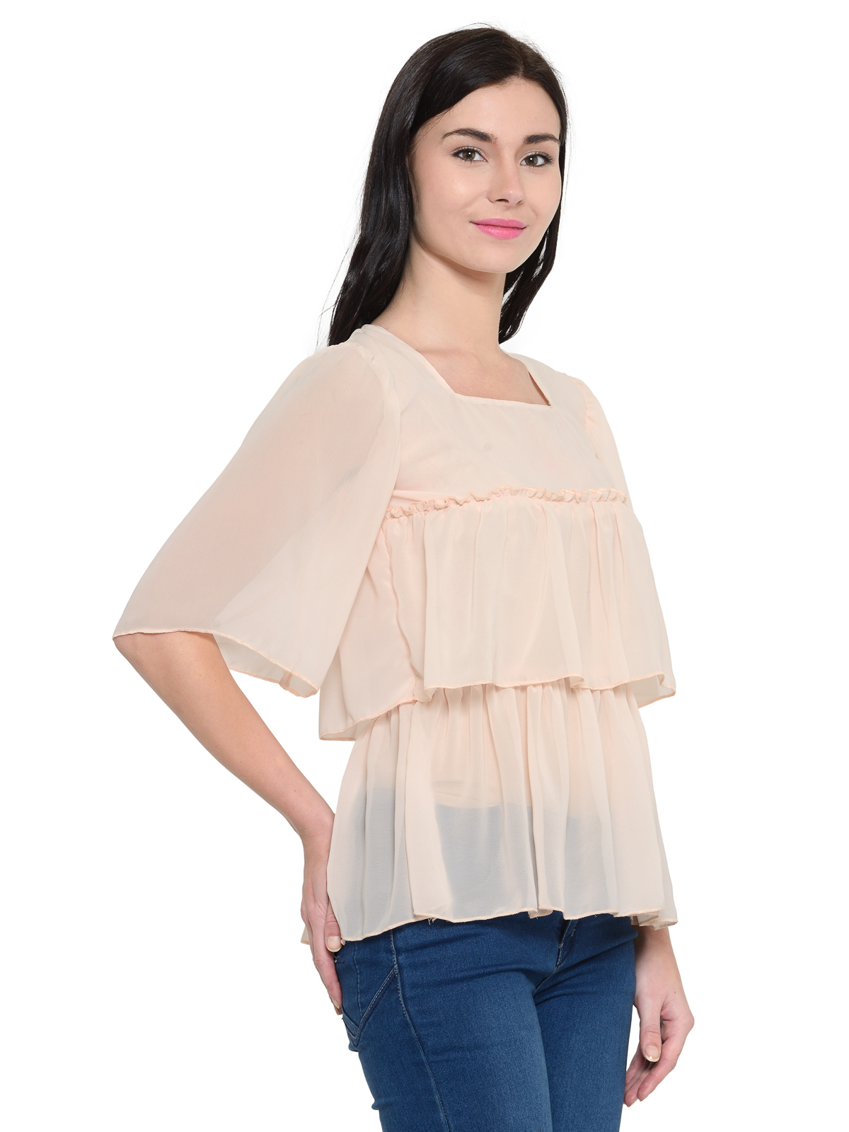 Square neck short sleeves ruffle top